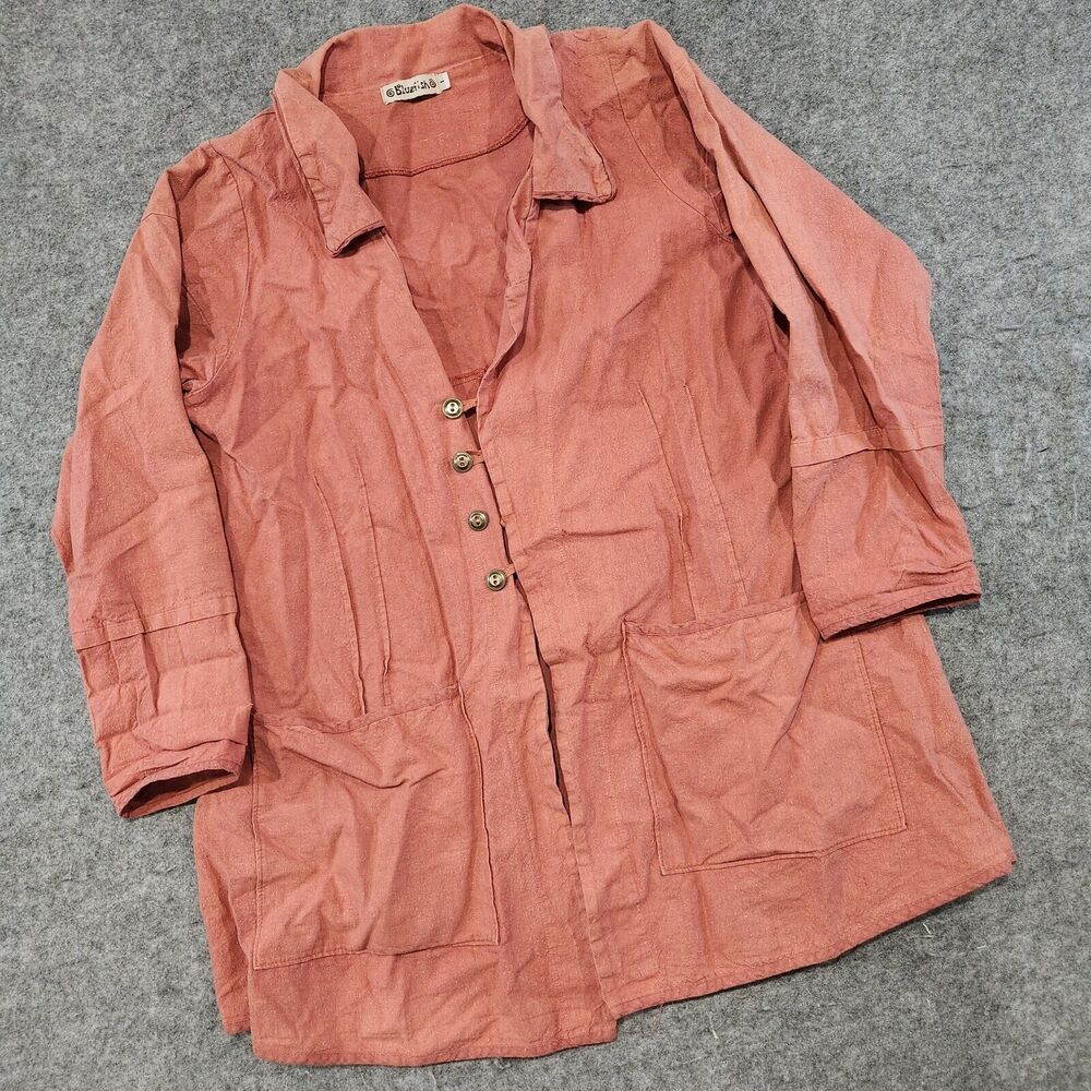 VTG Bluefish Womens 1 Hemp Linen Red Button Up Shirt Jacket Oversized - Picture 2 of 14